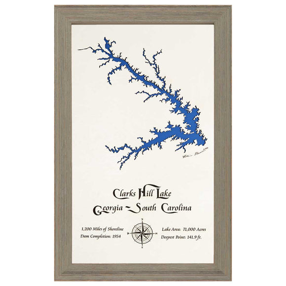 Clarks Hill Lake, Georgia and South Carolina White Washed Wood and Rustic Gray Frame Lake Map Silhouette