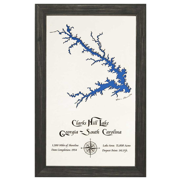 Clarks Hill Lake, Georgia and South Carolina White Washed Wood and Distressed Black Frame Lake Map Silhouette