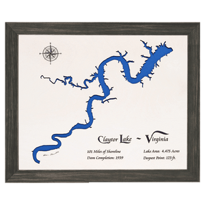 Claytor Lake, Virginia White Washed Wood and Distressed Black Frame Lake Map Silhouette