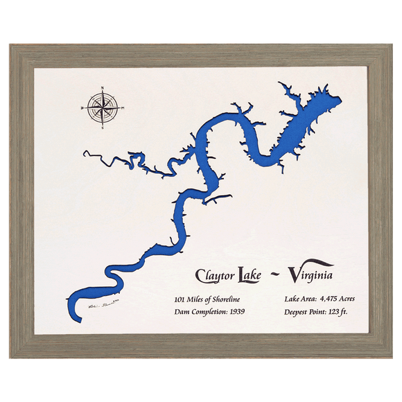 Claytor Lake, Virginia White Washed Wood and Rustic Gray Frame Lake Map Silhouette