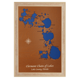 Clermont Chain of Lakes, Florida Stained Wood and Distressed White Frame Lake Map Silhouette