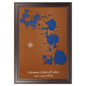 Clermont Chain of Lakes, Florida Stained Wood and Dark Walnut Frame Lake Map Silhouette