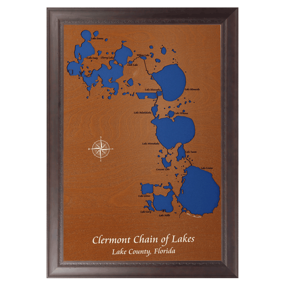 Clermont Chain of Lakes, Florida Stained Wood and Dark Walnut Frame Lake Map Silhouette