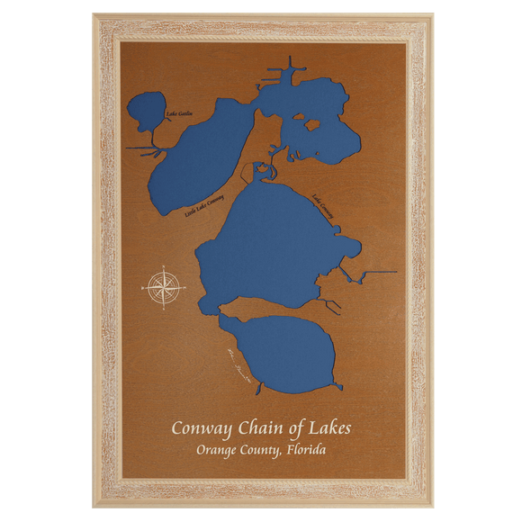 Conway Chain of Lakes, Florida Stained Wood and Distressed White Frame Lake Map Silhouette