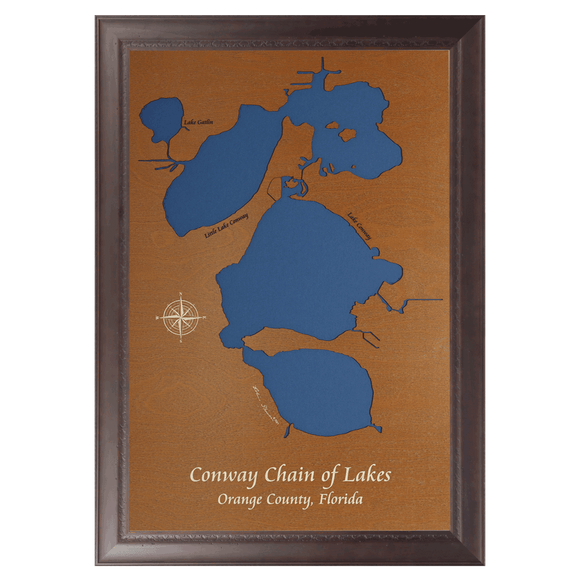 Conway Chain of Lakes, Florida Stained Wood and Dark Walnut Frame Lake Map Silhouette