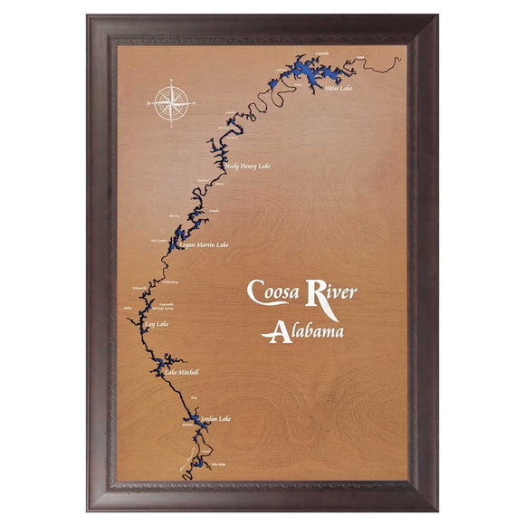 Coosa River, Alabama Stained Wood and Dark Walnut Frame Lake Map Silhouette