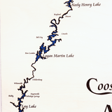 Coosa River, Alabama White Washed Wood and Distressed Black Frame Lake Map Silhouette