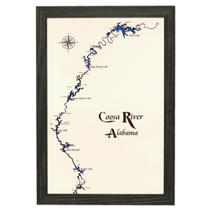 Coosa River, Alabama White Washed Wood and Distressed Black Frame Lake Map Silhouette