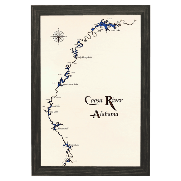 Coosa River, Alabama White Washed Wood and Distressed Black Frame Lake Map Silhouette