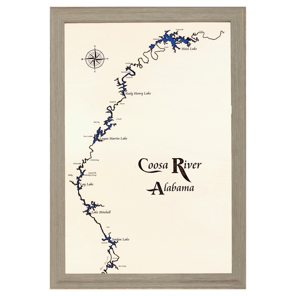 Coosa River, Alabama White Washed Wood and Rustic Gray Frame Lake Map Silhouette