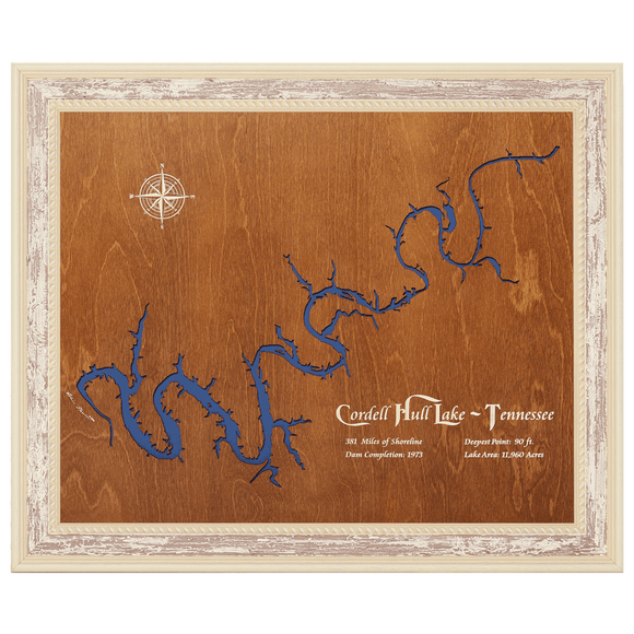 Cordell Hull Lake, Tennessee Stained Wood and Distressed White Frame Lake Map Silhouette