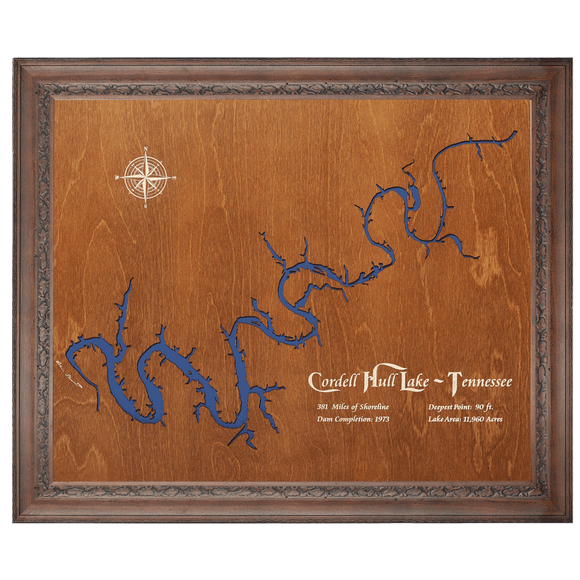 Cordell Hull Lake, Tennessee Stained Wood and Dark Walnut Frame Lake Map Silhouette