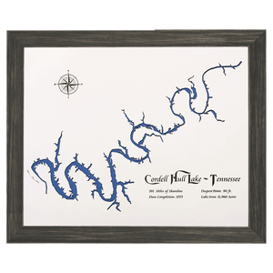 Cordell Hull Lake, Tennessee White Washed Wood and Distressed Black Frame Lake Map Silhouette