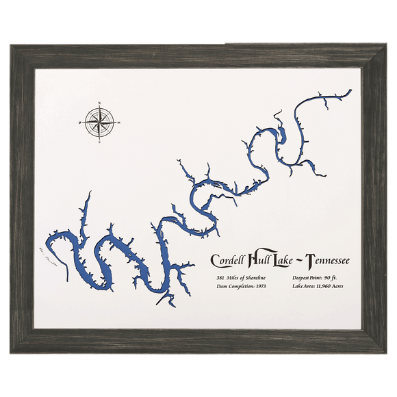 Cordell Hull Lake, Tennessee White Washed Wood and Distressed Black Frame Lake Map Silhouette