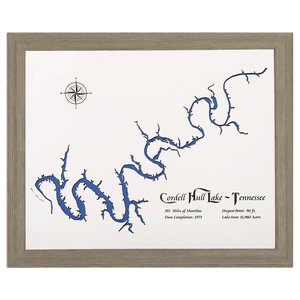 Cordell Hull Lake, Tennessee White Washed Wood and Rustic Gray Frame Lake Map Silhouette