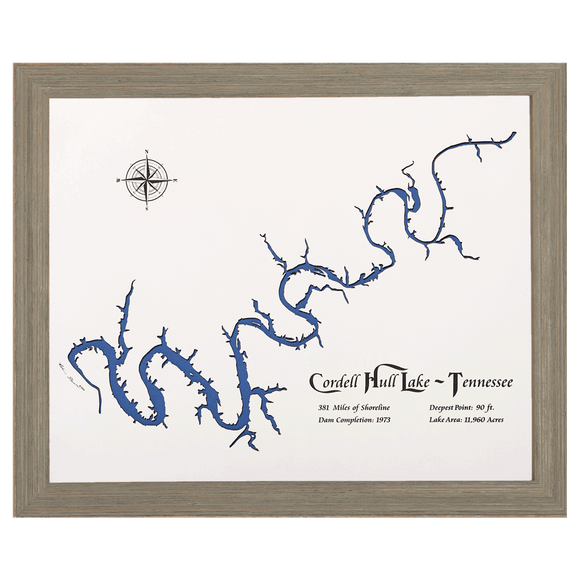 Cordell Hull Lake, Tennessee White Washed Wood and Rustic Gray Frame Lake Map Silhouette