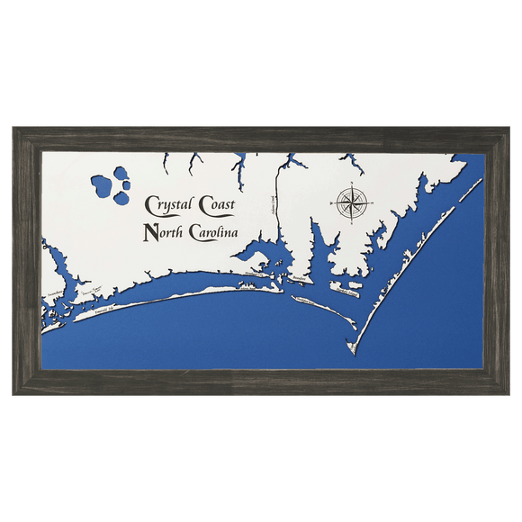 Crystal Coast, North Carolina White Washed Wood and Distressed Black Frame Lake Map Silhouette