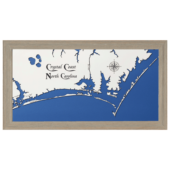 Crystal Coast, North Carolina White Washed Wood and Rustic Gray Frame Lake Map Silhouette