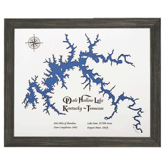 Dale Hollow Lake, Kentucky and Tennessee White Washed Wood and Distressed Black Frame Lake Map Silhouette