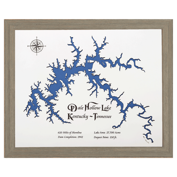 Dale Hollow Lake, Kentucky and Tennessee White Washed Wood and Rustic Gray Frame Lake Map Silhouette