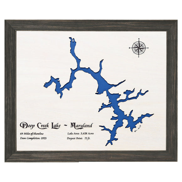 Deep Creek Lake, Maryland White Washed Wood and Distressed Black Frame Lake Map Silhouette