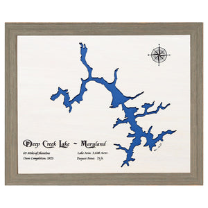 Deep Creek Lake, Maryland White Washed Wood and Rustic Gray Frame Lake Map Silhouette