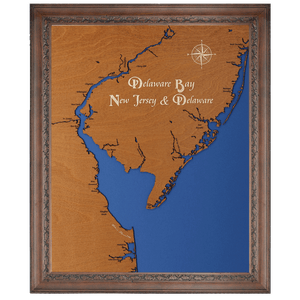 Delaware Bay, Delaware and New Jersey Stained Wood and Dark Walnut Frame Lake Map Silhouette