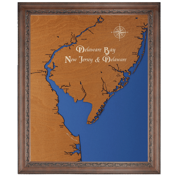 Delaware Bay, Delaware and New Jersey Stained Wood and Dark Walnut Frame Lake Map Silhouette