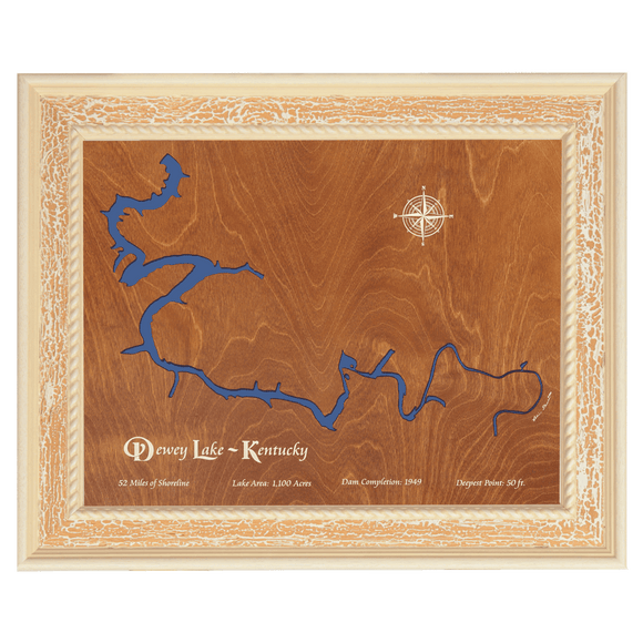 Dewey Lake, Kentucky Stained Wood and Distressed White Frame Lake Map Silhouette
