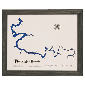 Dewey Lake, Kentucky White Washed Wood and Distressed Black Frame Lake Map Silhouette