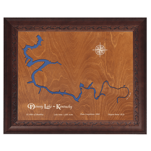 Dewey Lake, Kentucky Stained Wood and Dark Walnut Frame Lake Map Silhouette