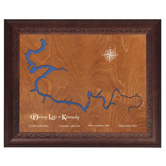Dewey Lake, Kentucky Stained Wood and Dark Walnut Frame Lake Map Silhouette