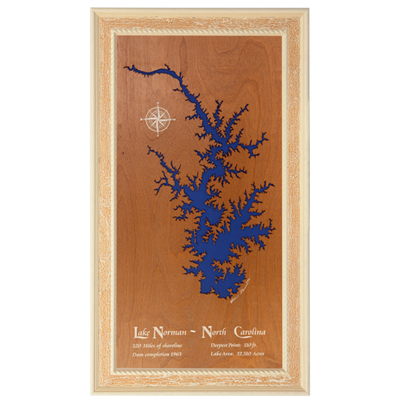 Wolf Creek Lake, North Carolina Stained Wood and Distressed White Frame Lake Map Silhouette