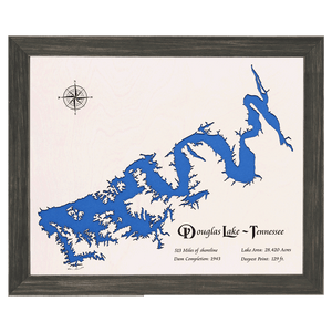 Douglas Lake, Tennessee White Washed Wood and Distressed Black Frame Lake Map Silhouette