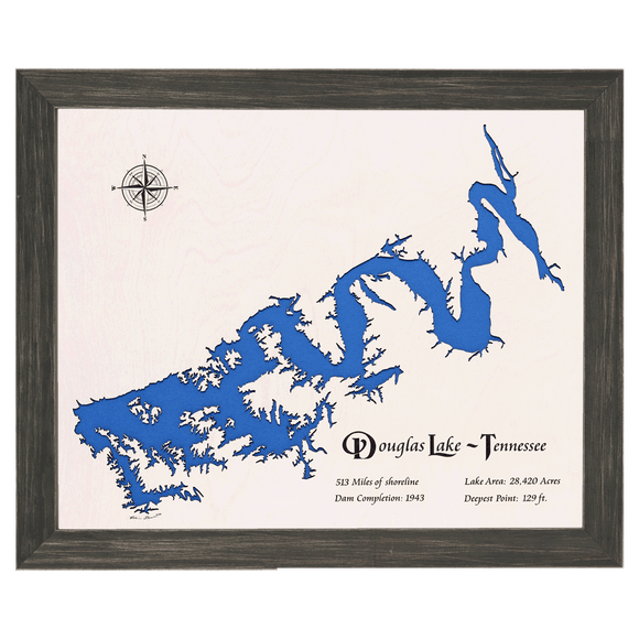 Douglas Lake, Tennessee White Washed Wood and Distressed Black Frame Lake Map Silhouette