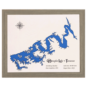 Douglas Lake, Tennessee White Washed Wood and Rustic Gray Frame Lake Map Silhouette