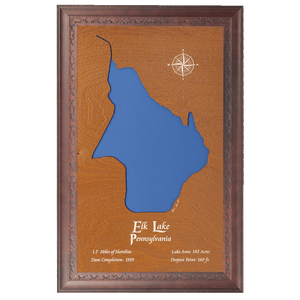 Elk Lake, Pennsylvania Stained Wood and Dark Walnut Frame Lake Map Silhouette