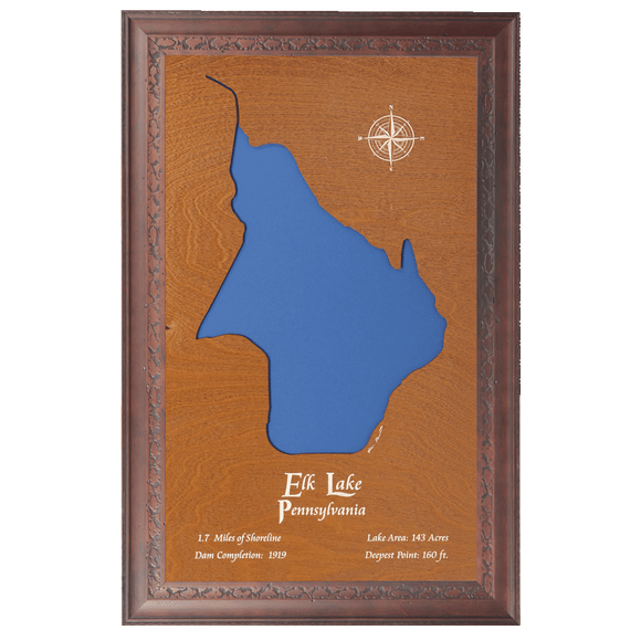 Elk Lake, Pennsylvania Stained Wood and Dark Walnut Frame Lake Map Silhouette