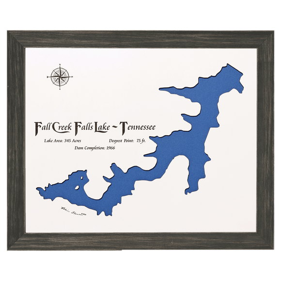 Fall Creek Falls Lake, Tennessee White Washed Wood and Distressed Black Frame Lake Map Silhouette