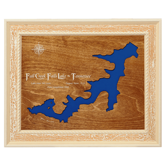 Fall Creek Falls Lake, Tennessee Stained Wood and Distressed White Frame Lake Map Silhouette