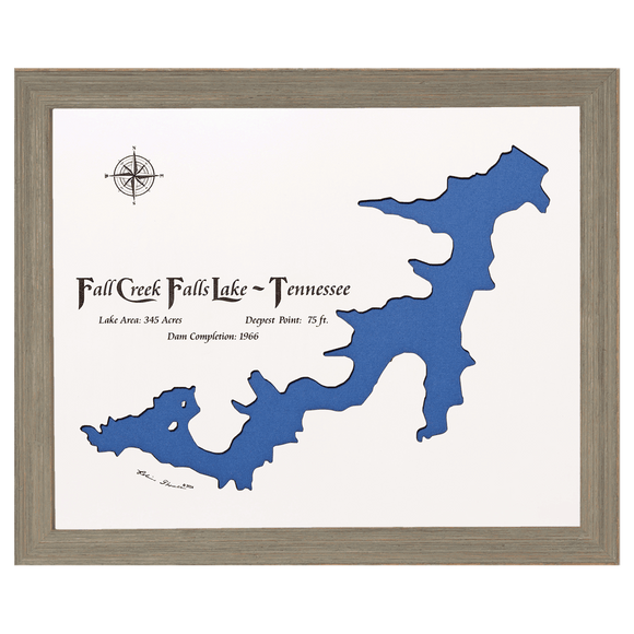 Fall Creek Falls Lake, Tennessee White Washed Wood and Rustic Gray Frame Lake Map Silhouette