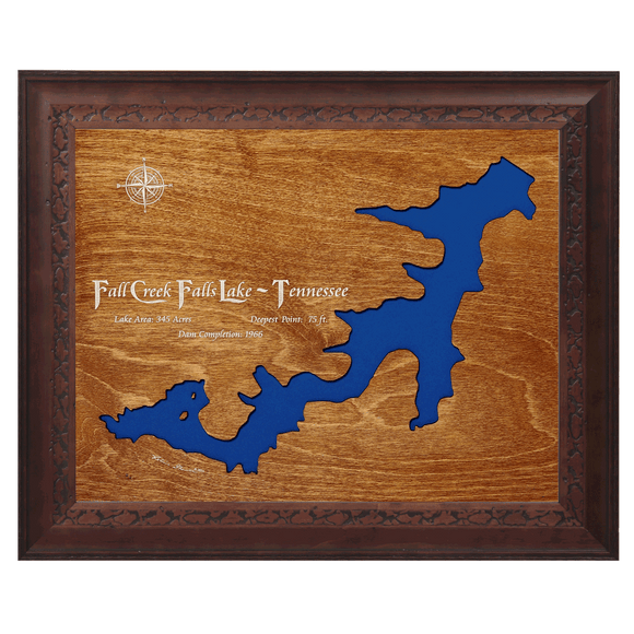 Fall Creek Falls Lake, Tennessee Stained Wood and Dark Walnut Frame Lake Map Silhouette