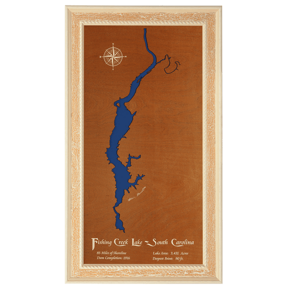 Fishing Creek Lake, South Carolina Stained Wood and Distressed White Frame Lake Map Silhouette