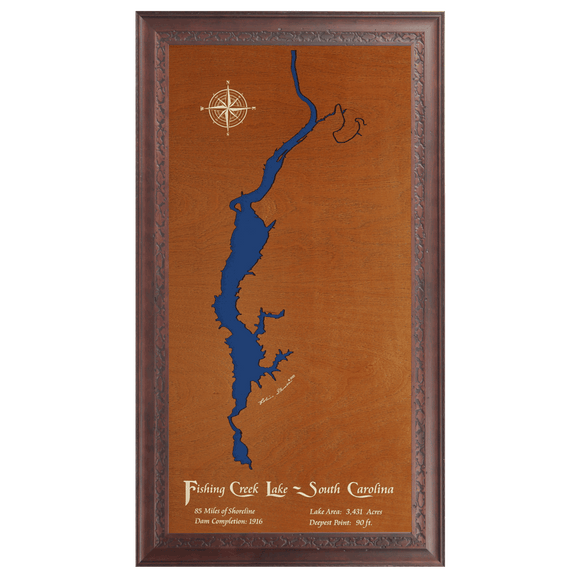 Fishing Creek Lake, South Carolina Stained Wood and Dark Walnut Frame Lake Map Silhouette