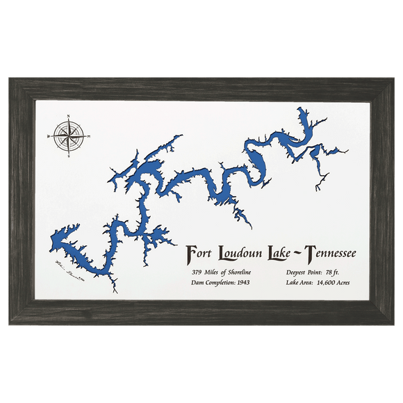 Fort Loudoun Lake, Tennessee White Washed Wood and Distressed Black Frame Lake Map Silhouette