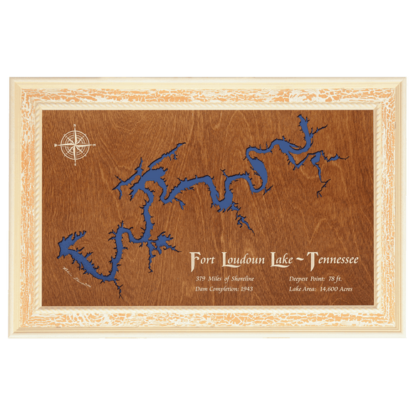 Fort Loudoun Lake, Tennessee Stained Wood and Distressed White Frame Lake Map Silhouette