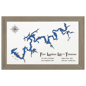 Fort Loudoun Lake, Tennessee White Washed Wood and Rustic Gray Frame Lake Map Silhouette