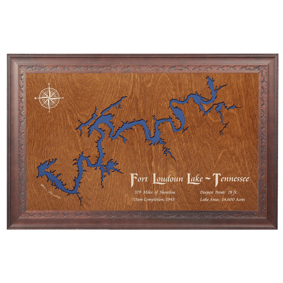 Fort Loudoun Lake, Tennessee Stained Wood and Dark Walnut Frame Lake Map Silhouette