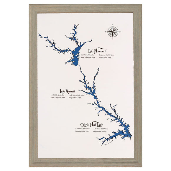 Lake Hartwell, Lake Russell, Clarks Hill Lake South Carolina and Georgia White Washed Wood and Rustic Gray Frame Lake Map Silhouette