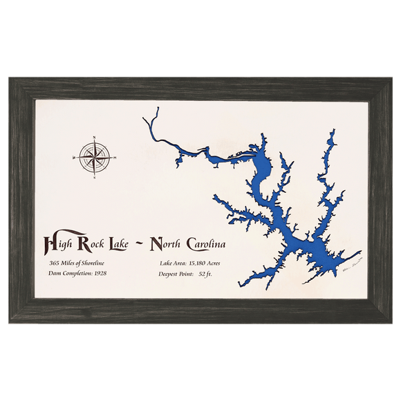 High Rock Lake, North Carolina White Washed Wood and Distressed Black Frame Lake Map Silhouette
